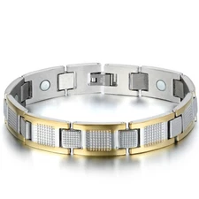 Silver Gold Two Tone Stainless Steel Link Men's Golf Therapy Magnetic Bracelet