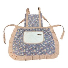 Apron Cottagecore Cross Back Tie Floral Pockets Fringe Blue Polka Dots Flowers