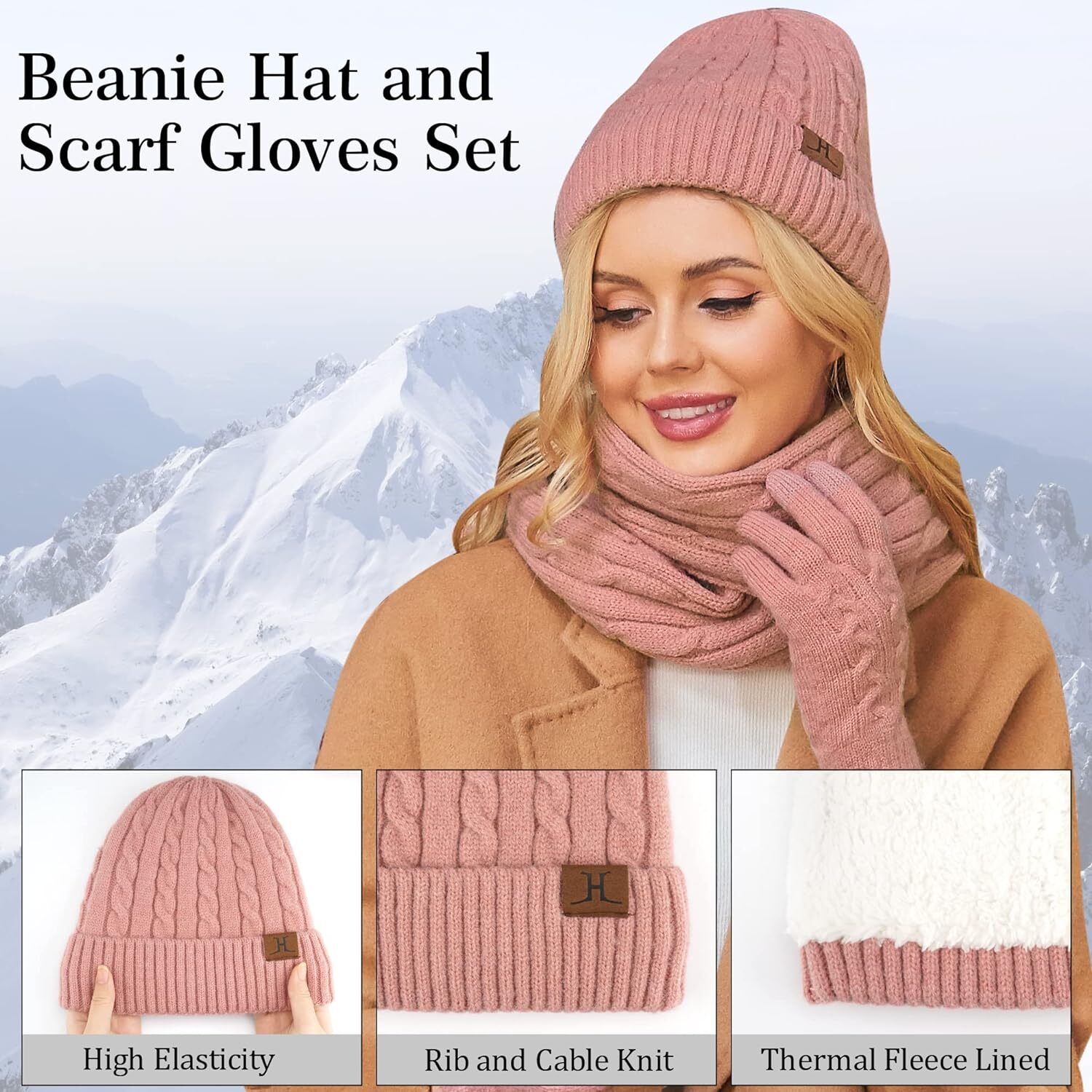 Womens Winter Beanie Hats Scarf Touchscreen Gloves Set Cable One Size