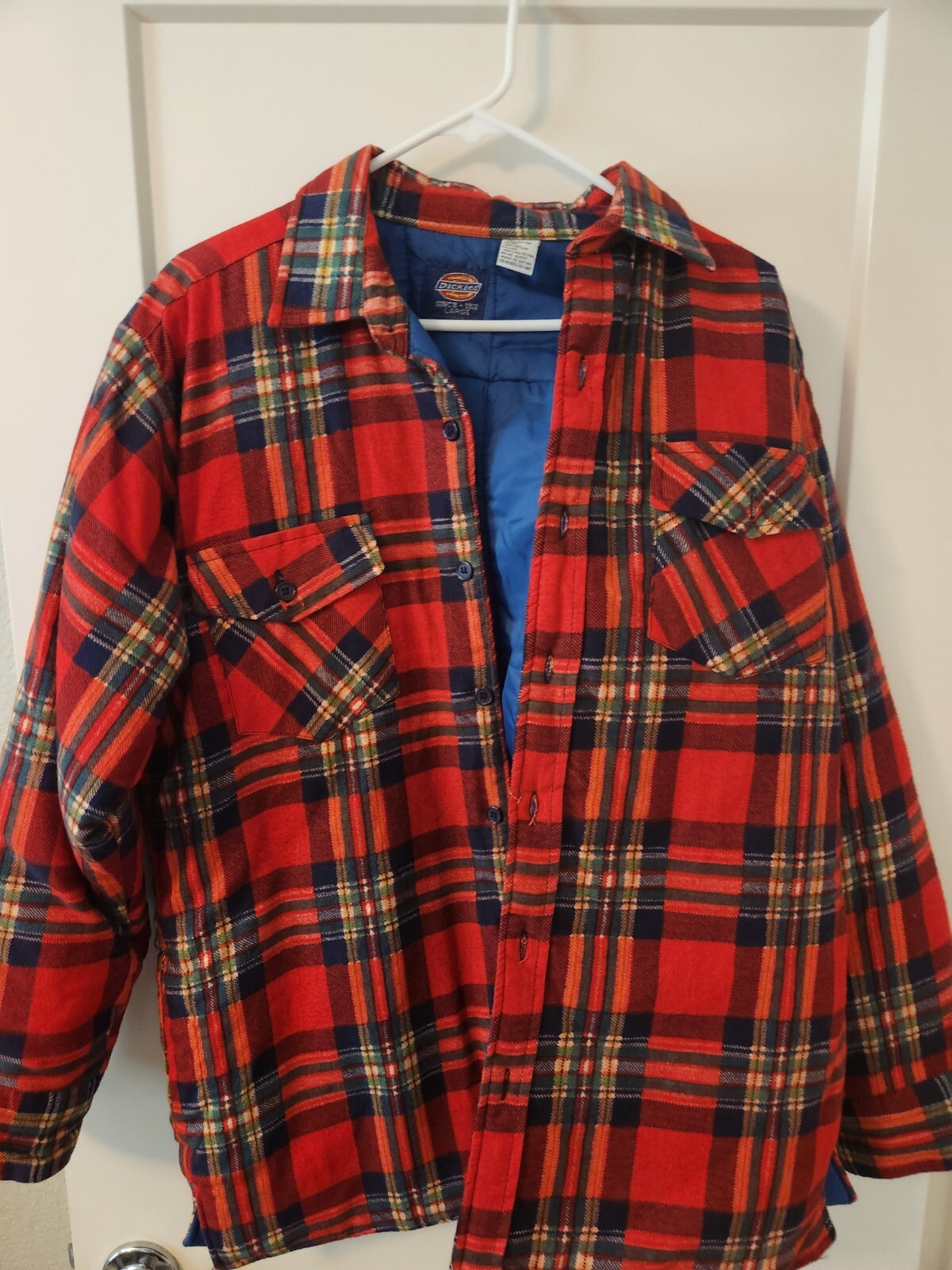 Dickies Mens Large Red Plaid Quilt Lined Flannel Shirt Jacket Button Up USED-image