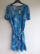 M&S Floral Print Mini Dress Size 12 Blue Tie Belt Short Sleeve Tiered Hem BNWT