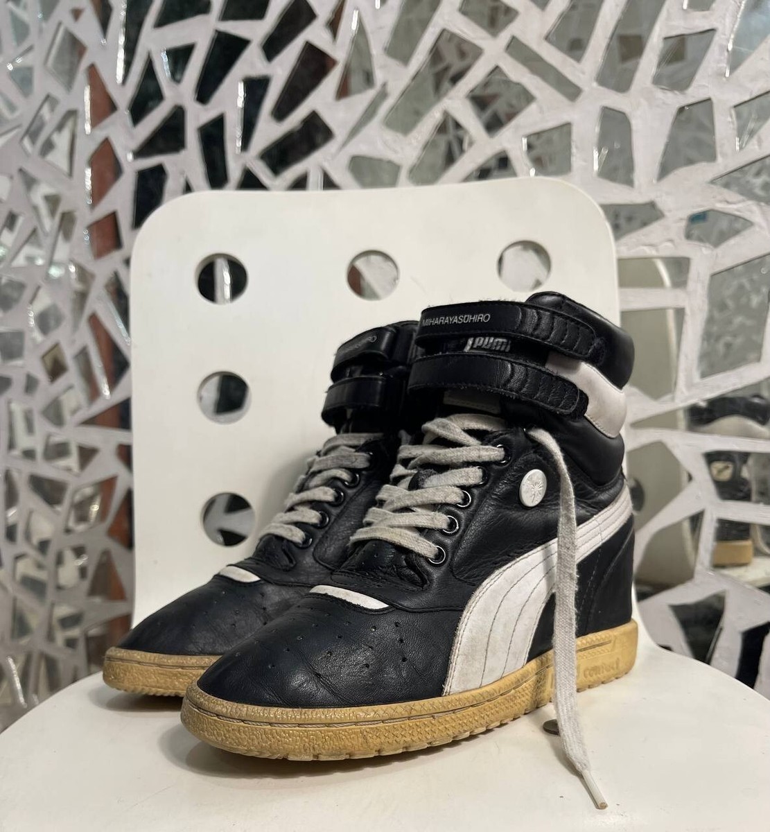 miyama Puma Mihara Yasuhiro Ski Hi II Black Leather Wedge Sneakers
