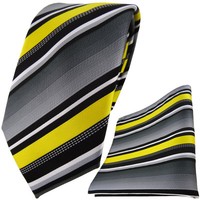 Tigertie Designer Krawatte + Einstecktuch In Gelb Silber Grau Weiss Gestreift
