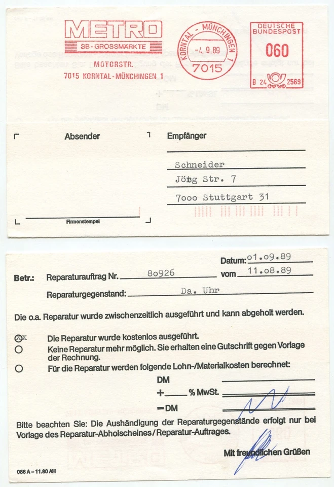 22736 - Freistempel: Metro SB-Großmärkte - Korntal-Münchingen 4.9.1989 - Bild 1 von 1