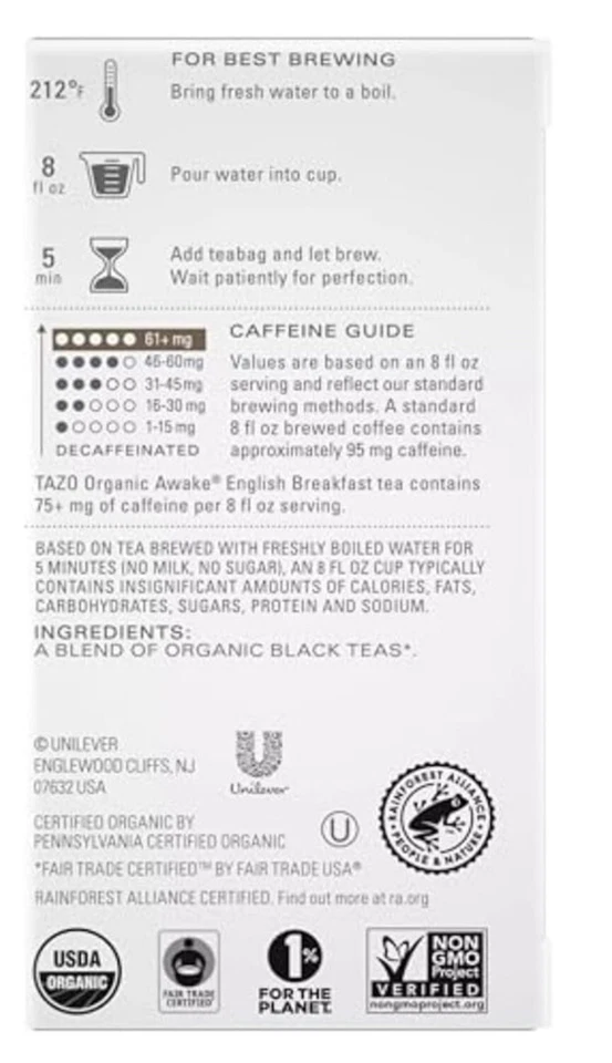 Chá preto café da manhã inglês Tazo Organic Awake 36 saquinhos de chá no total - Imagem 4 de 4
