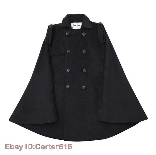 Mens Cloak Cape Poncho Coat Wool Jacket Double Breasted Punk Trench Outwear - Picture 5 of 17