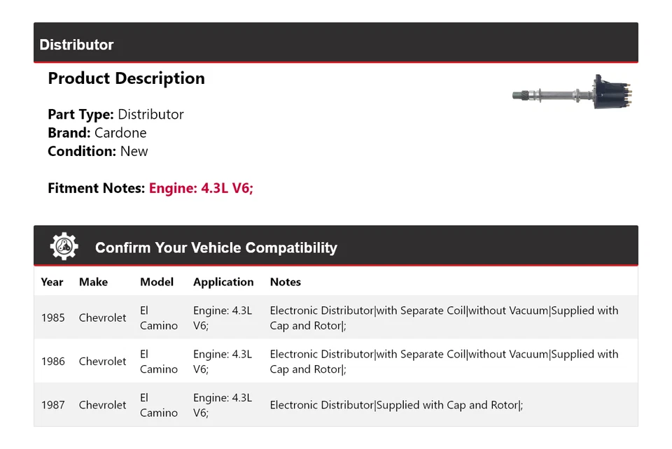 Chevrolet El Camino 1985-1987 4,3 L V6 distribuidor Cardone 1986 Foto 2 de 3