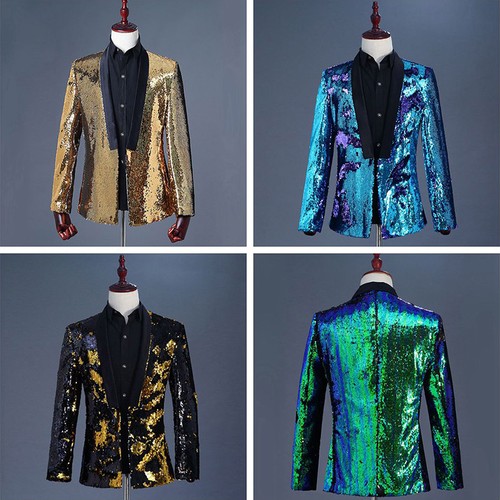 Men Reversible Two Tone Shiny Sequins Jacket Suit Blazer Fancy Dress Outfit Sets - Picture 5 of 10