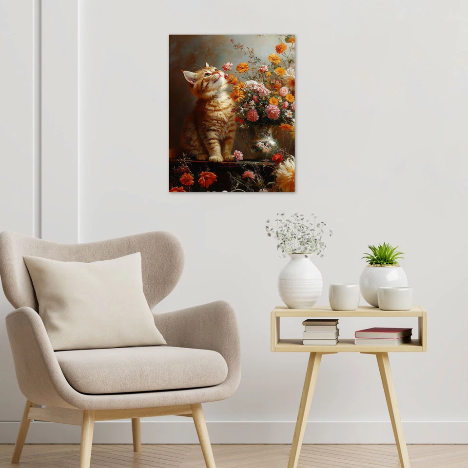 Funny Cat Botanical Pink Wildflower Canvas Wall Art for Bathroom Living Room - Image 3 of 4