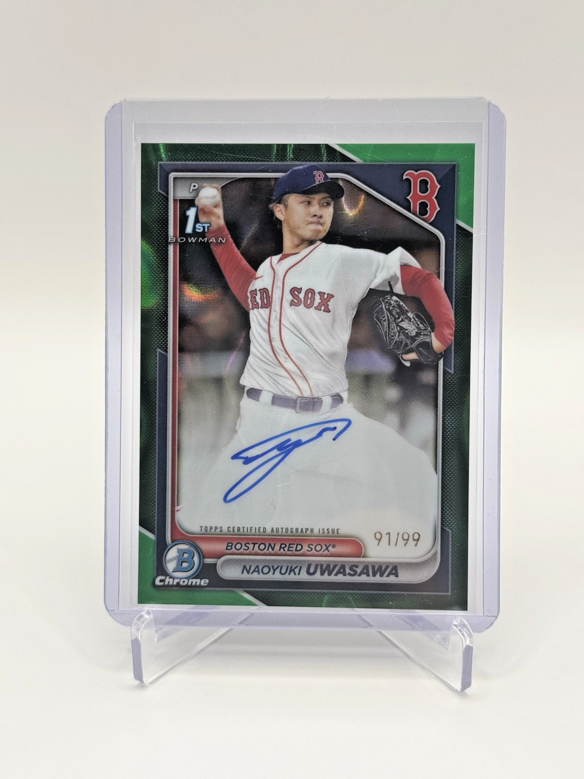 Naoyuki Uwasawa 2024 Bowman Chrome 1st Green Refractor /99 Auto CPA-NU Red Sox