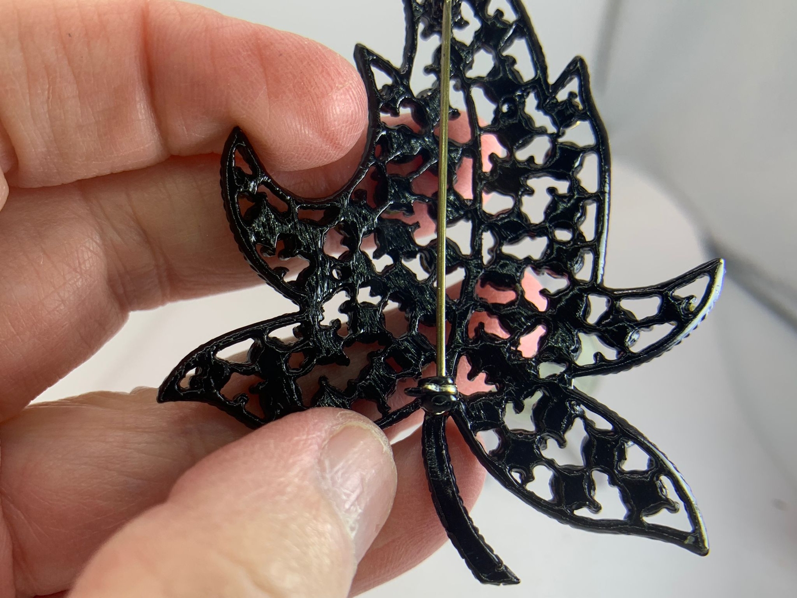 Leaf Maple Leaf Openwork Onyx Rhinestones Vintage… - image 5