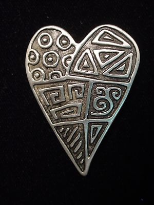 ''JJ'' Jonette Jewelry Silver Pewter AZTEC Designed Heart Pin