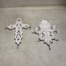 Lot Of Two Large White Painted Wood Ornaments - Cross And Santa