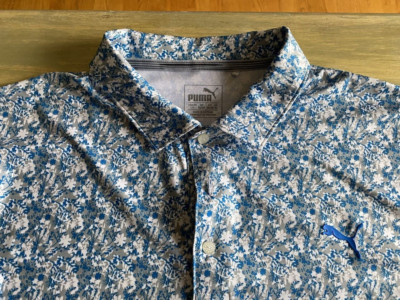 Gently Used Puma Mens Golf Polo Shirt LG Blue White Floral Ruffled Feathers GC