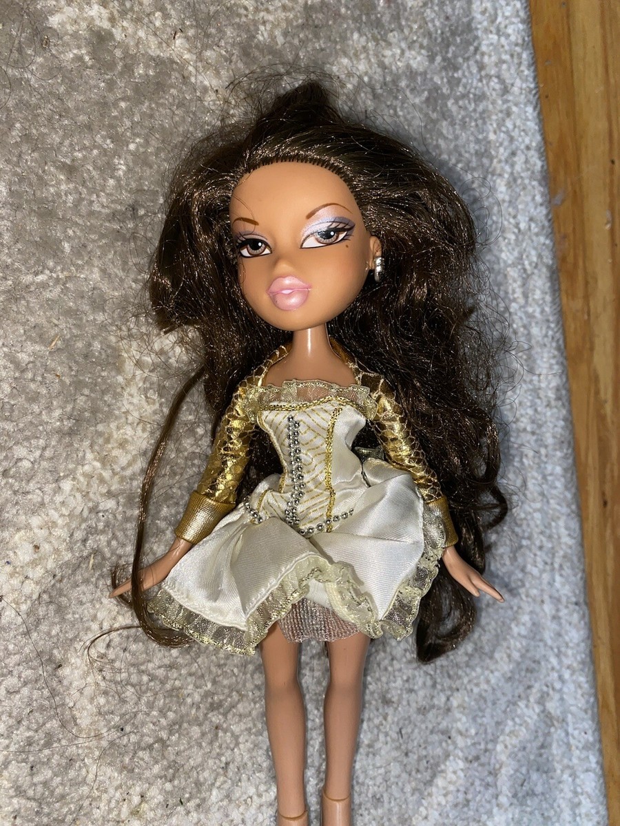 MGA Entertainment Bratz Doll Brunette Black Hair Gold Dress Tan
