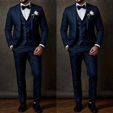 Navy Blue Men's Suit Wedding Groomman 3Pcs Formal Prom Tuxedo Jacket Vest