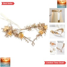 Fairy Flower Crown Gold Floral Elf Headpiece for Women Adjustable Ribbon