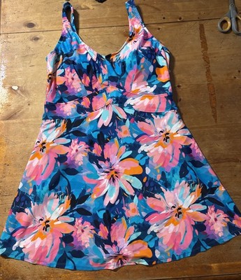 NWT YOUR BEST LOOK blue white pink aqua flowers one pc swimsuit/dress sz.18W