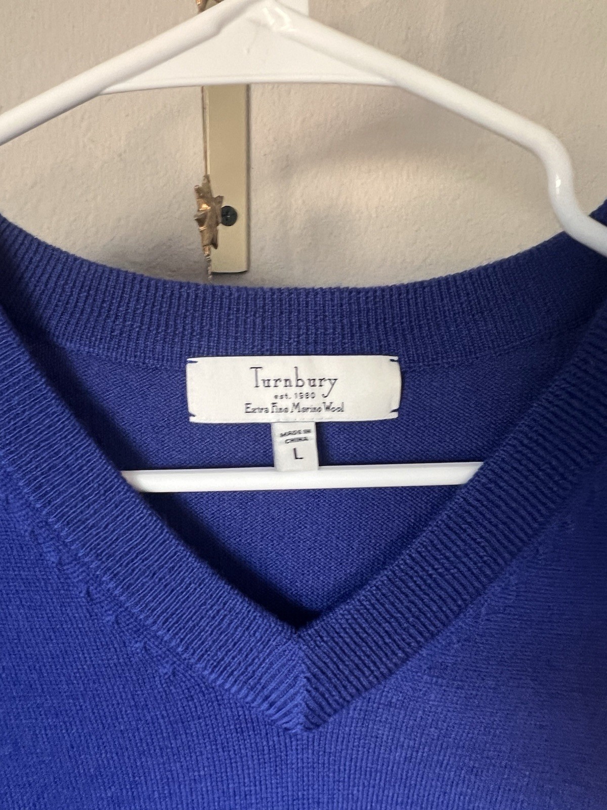 Turnbury Extra Fine Merino Wool V-Neck Pullover Sweater Blue Men's Size L