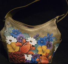 Anuschka Hand-Painted Floral Shoulder Bag Gold Multicolor Zip Closure Key Holder