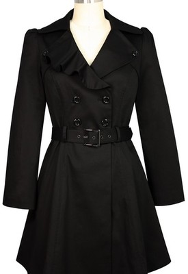0X OOAK FRENCH RUFFLE TRENCH COAT DOUBLE BREASTED LINED ALINE DRESS JACKET BLACK