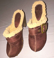 Women's Brown Suede Clog Mule Slippers Faux Fur Lined Buckle US 7 Closed Toe