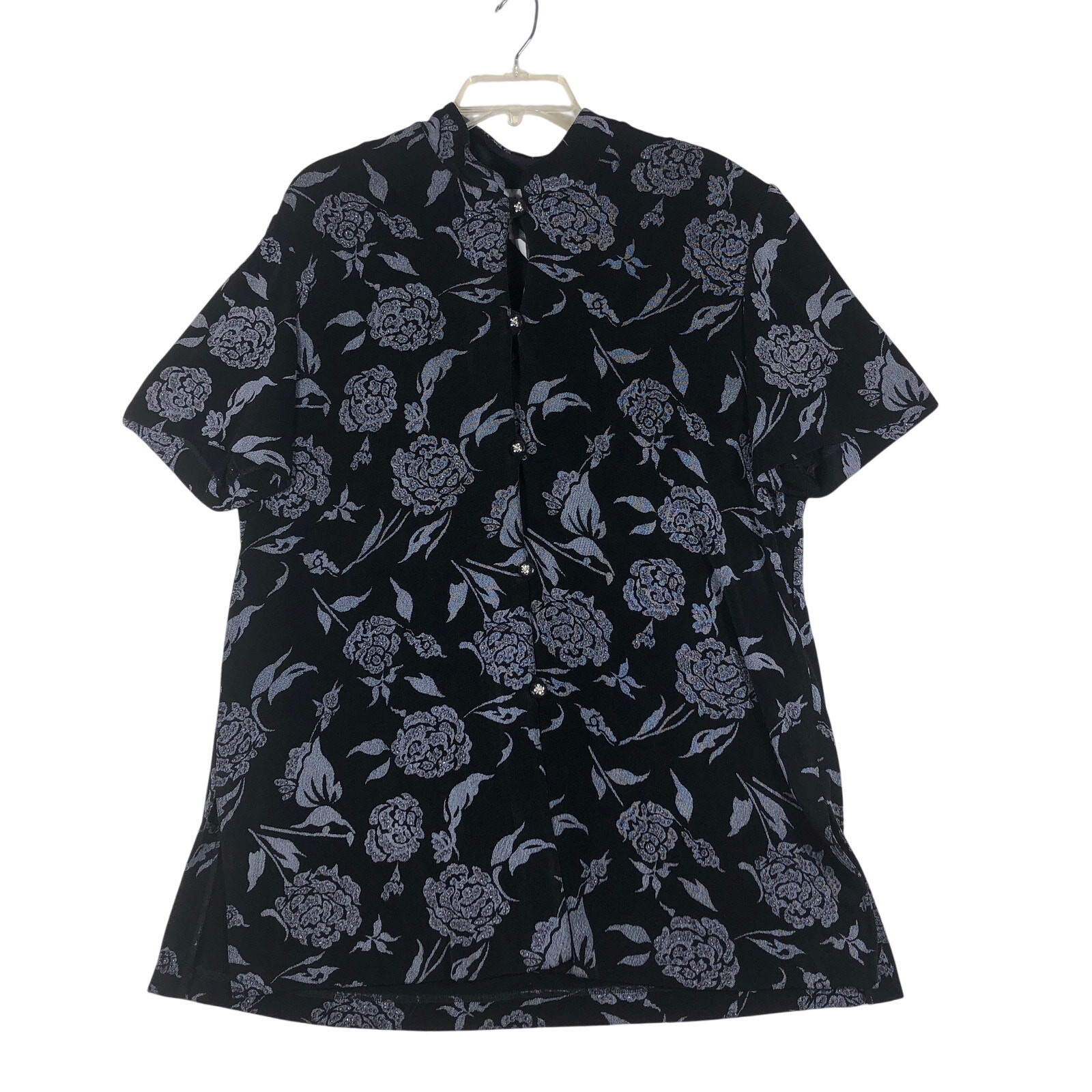 R&M Richards by Karen Kwong Blouse Size 18 Black Glitter Floral Mandarin Collar