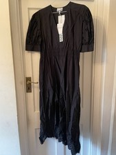 New GANNI Black Organic Cotton Embroidery Anglaise Midi Day Dress,40/UK 12/14