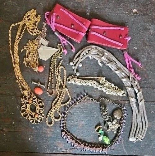 Lot of Vintage Costume Jewelry, Leather Cuffs, Kramer, Coro Rhinestone Craft