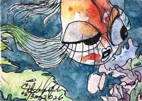ACEO Original Tropical Painting, 2.5" x 3.5" Artist Trading Card “Fancy Fish”
