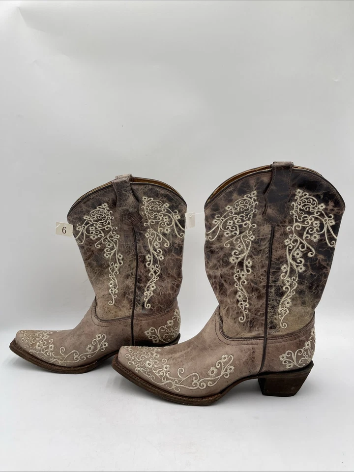 Botas occidentales de cuero con bordado de hueso corral punta cuadrada para adolescentes talla 6T Foto 3 de 4