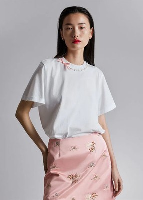 Capsule X & Other Stories Womens White Pearl Embellished Short Sleeve T-Shirt M
