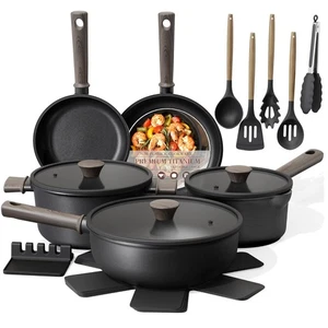 19-Piece Black Titanium Cookware Set, Non-Stick Pots & Pans"