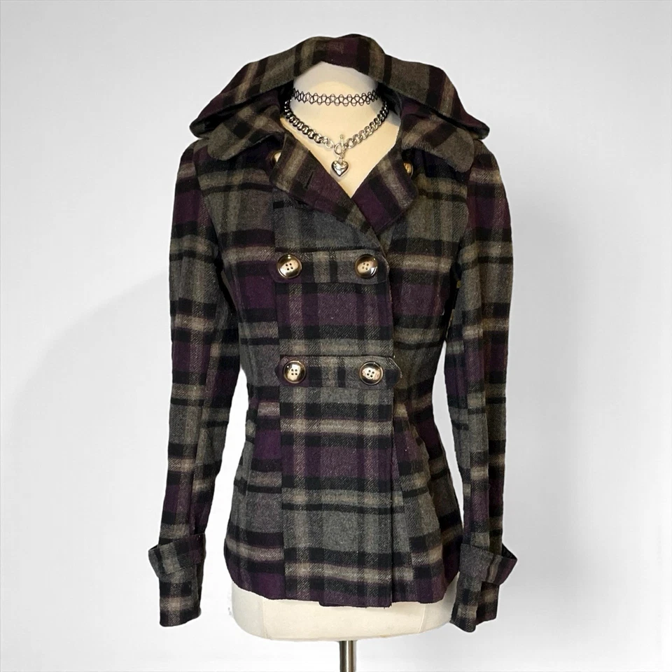 液压 Y2K 格子豌豆外套连帽夹克紫色学院暮光之城哥特复古 — 第 2/4 张图片