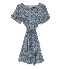Banana Republic Blue & White Floral Ruffled Dress Size 6 Belted Flutter Sleeves