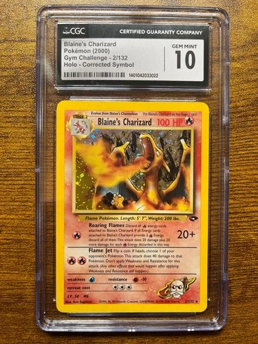 2000 Pokemon Blaines Charizard CORRECTED Fire Symbol Gym Challenge CGC 10 G Mint