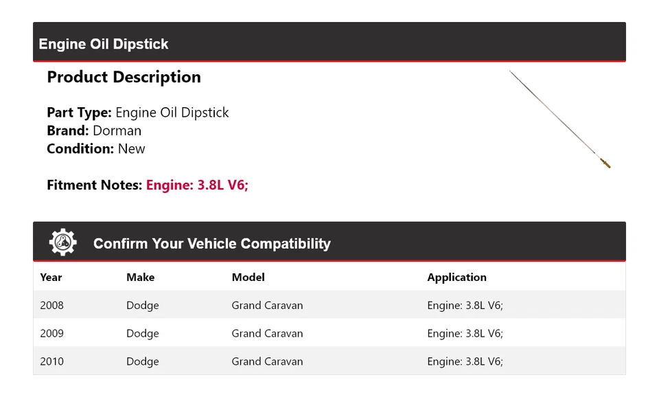 Vareta de óleo de motor 2009 para 2008-2010 Dodge Grand Caravan 3.8L V6 Dorman - Imagem 2 de 4