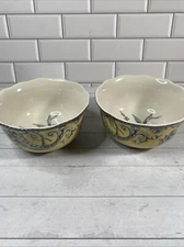 222 FIFTH ADELAIDE YELLOW Cereal Soup Bowls 2 Birds Branches Flowers