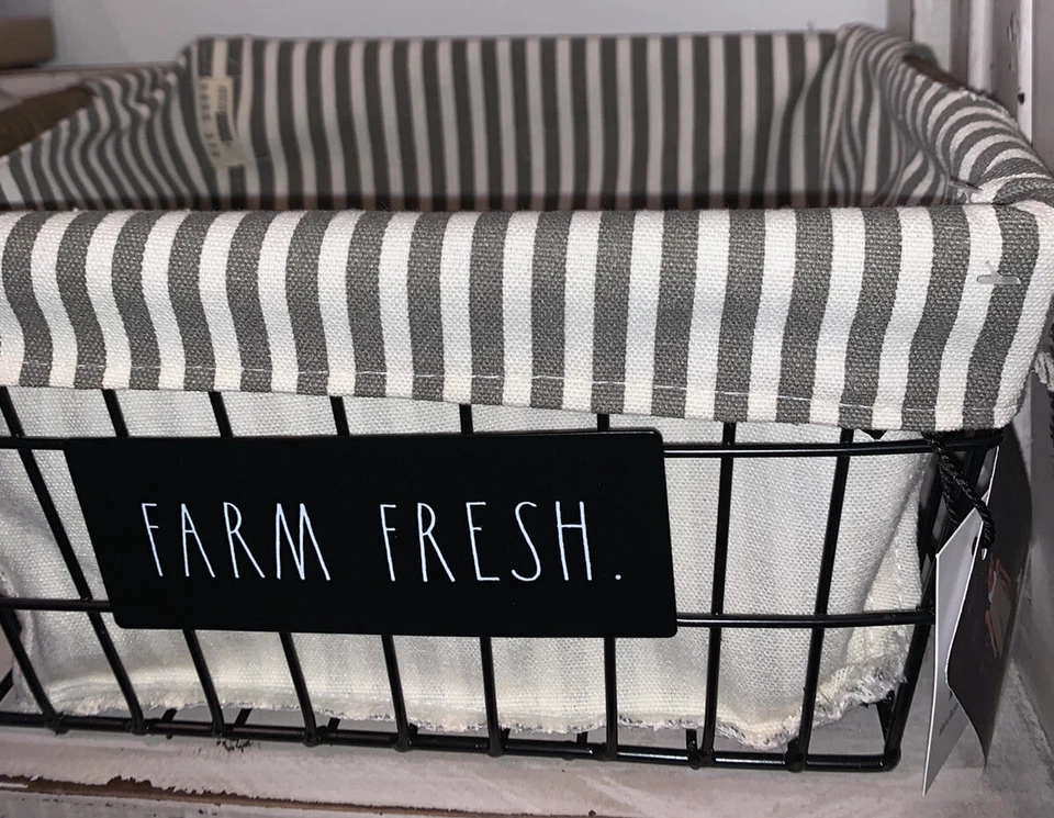 Rae Dunn Farm Fresh Farmhouse Style Storage Wire Basket & Striped Liner NWT - Image 4 of 4