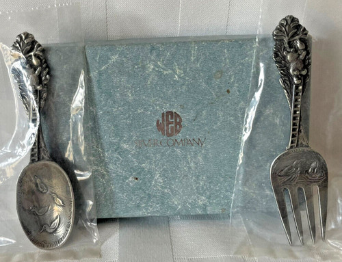 Vintage WEB SILVER CO PEWTER Child Toddler 4" Fork Spoon ~ Bear Honey Bees Ducks