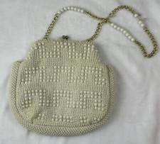 Vintage 1950  s White Beaded Handmade Hong Kong Evening Bag Kisslock Closure