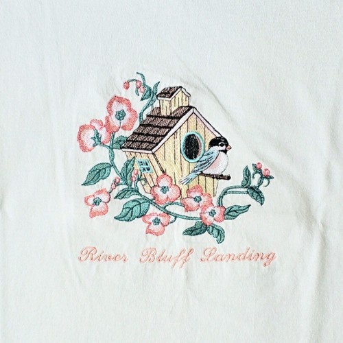 Vintage 90s River Bluff Landing Birdhouse Floral Embroidered Medium Anvil Tee - Picture 3 of 8