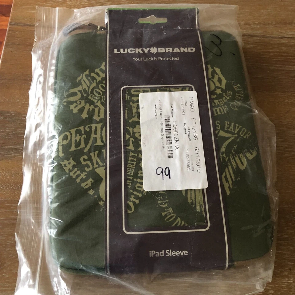 Lucky Brand Tablet Case iPad Olive Green Clover Logo Neoprene Zip Sleeve -NEW - Image 2 of 4