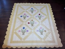 Vintage Handmade Tulip Basket Yellow Quilt Feedsack Mid Cen Flaws 4 Repurposing
