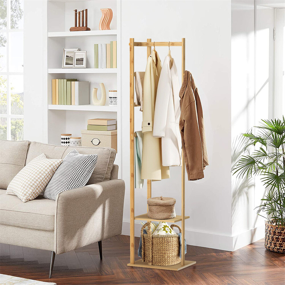 Coat Rack Freestanding,Hall Tree w 2 Shelves,for Clothes,Hat, Bag