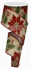 Poinsettia/Holly on Linen Wire Ribbon 2.5" Christmas Tree Wreath Bow 2 Lengths
