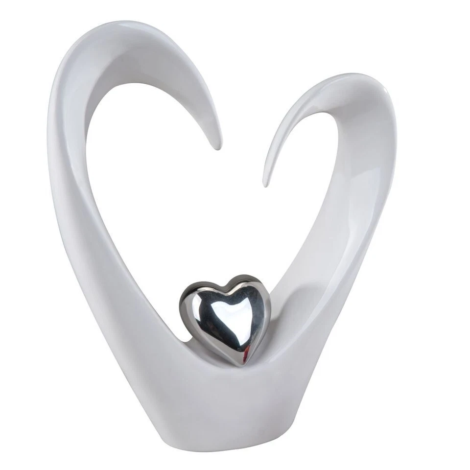 2-Deko-Skulpturen-Herz-"Coeur"-Steingut-weiß-silber-glasiert-Deko Formano - Bild 3 von 4