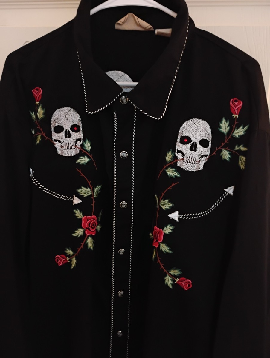 Scully Skull Roses Skull Snaps Western Shirt Men 3X Black Embroidered Rockabilly View 4