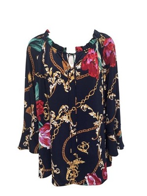 Susan Graver Navy Blue Gold Chain Link Floral 3/4 Sleeve Blouse Top Size XL EUC