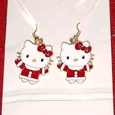 Hello Kitty Holiday Christmas Open Arms Dress Gold Plated Dangle Drop Earrings